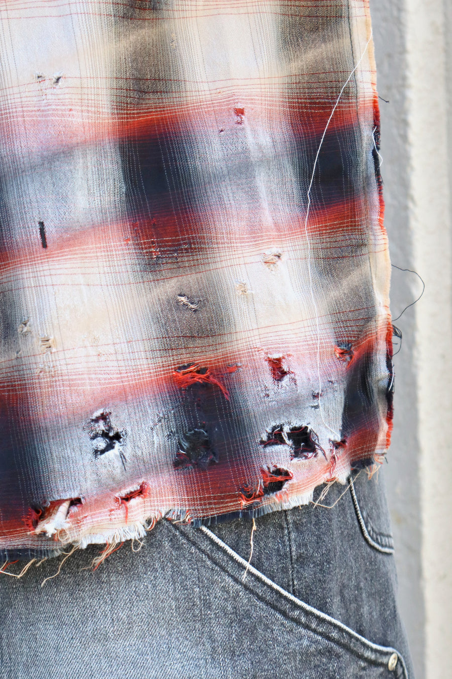 ［ー］MINUS  Slash Seam Ombre Check Shirt DRUNK(RED)