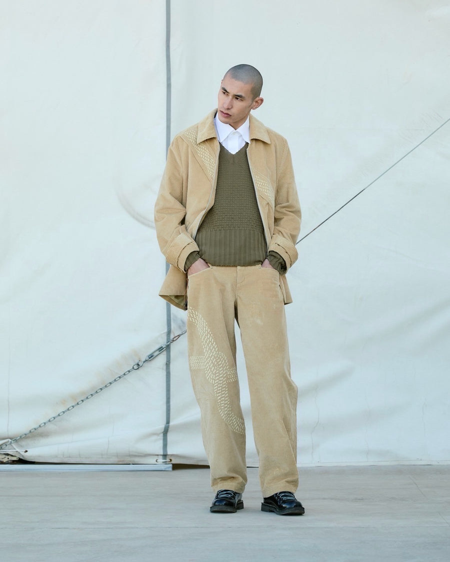 RIKU UMEHARA  WAFFLE V NECK KNIT PULLOVER(KHAKI)