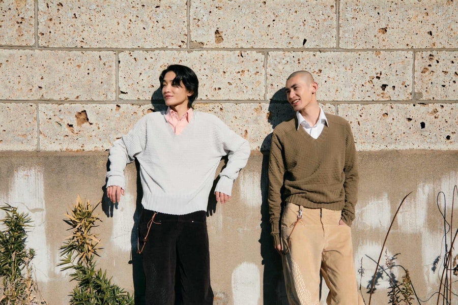 RIKU UMEHARA  WAFFLE V NECK KNIT PULLOVER(KHAKI)