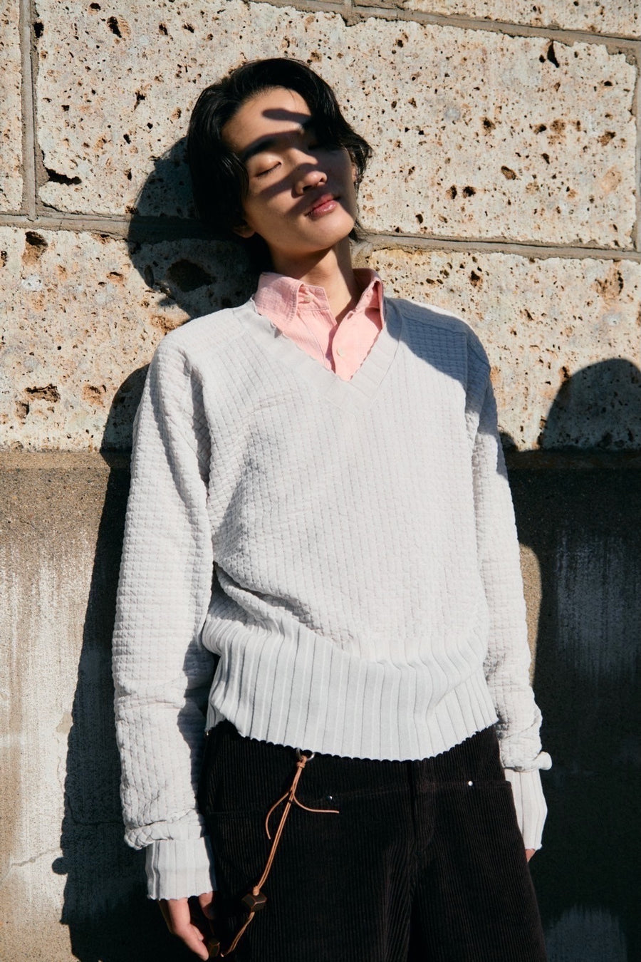 RIKU UMEHARA  WAFFLE V NECK KNIT PULLOVER(GRAY)