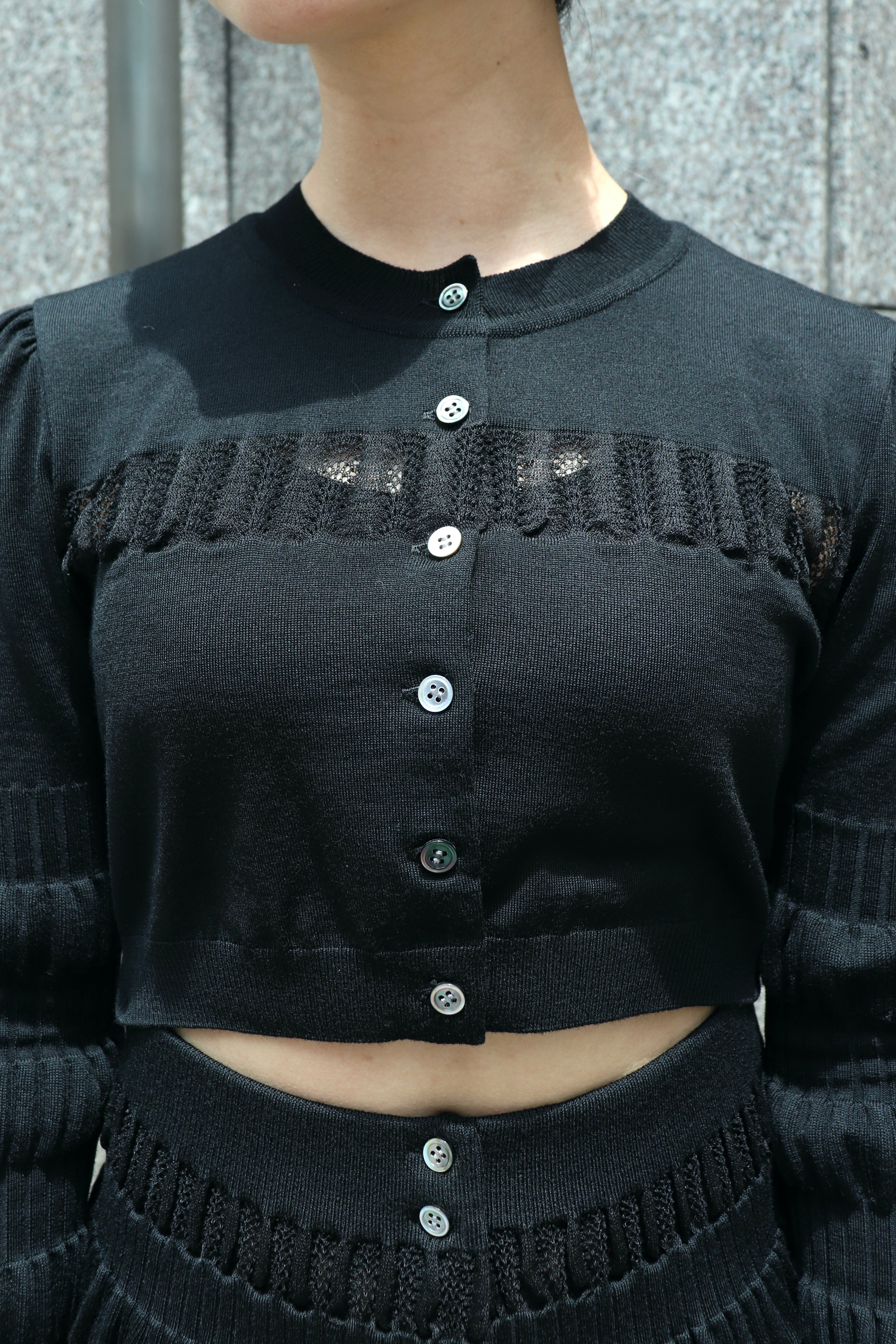 FETICO(フェティコ)のCONVERTIBLE SHEER LACE STRIPE KNIT CARDIGANの