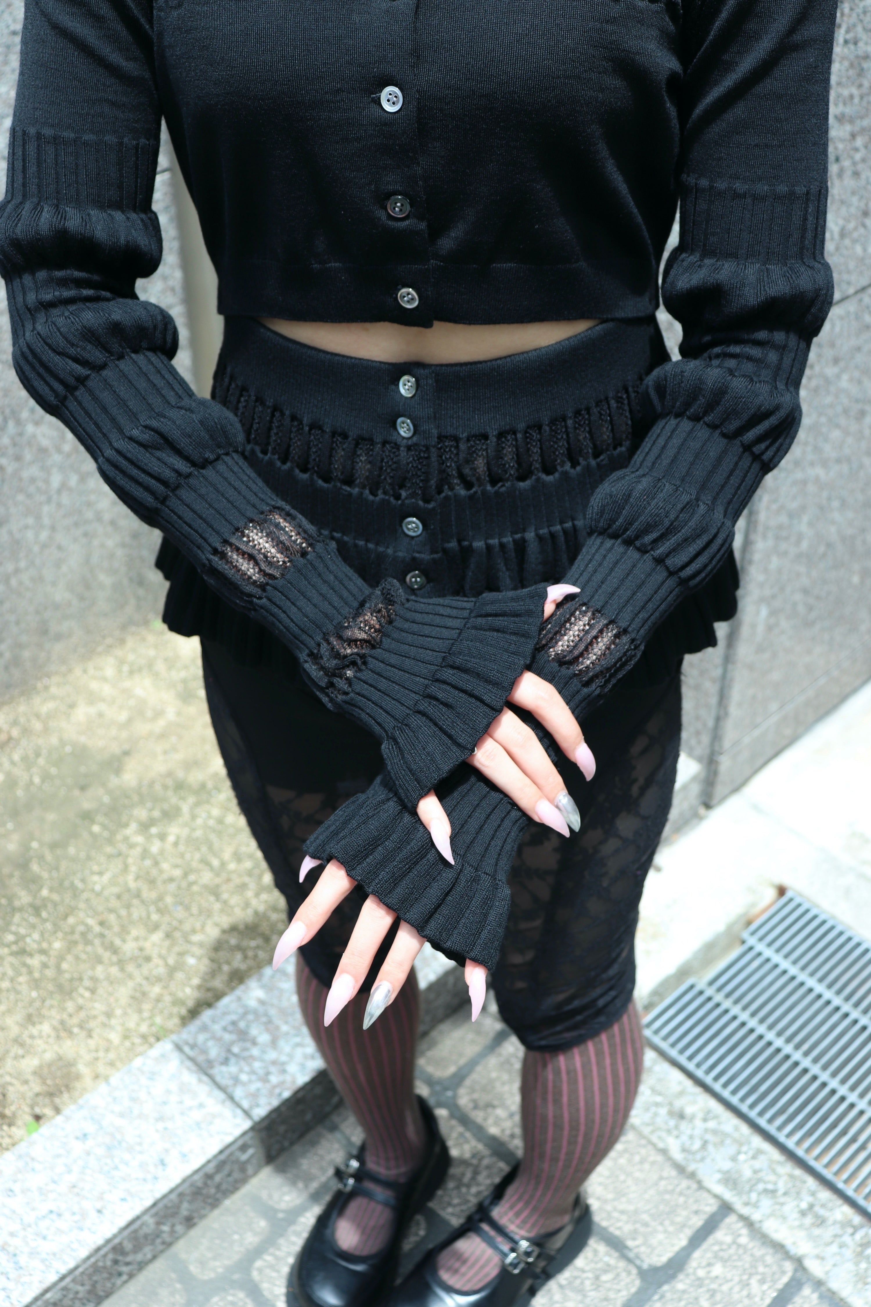 FETICO(フェティコ)のCONVERTIBLE SHEER LACE STRIPE KNIT CARDIGANの