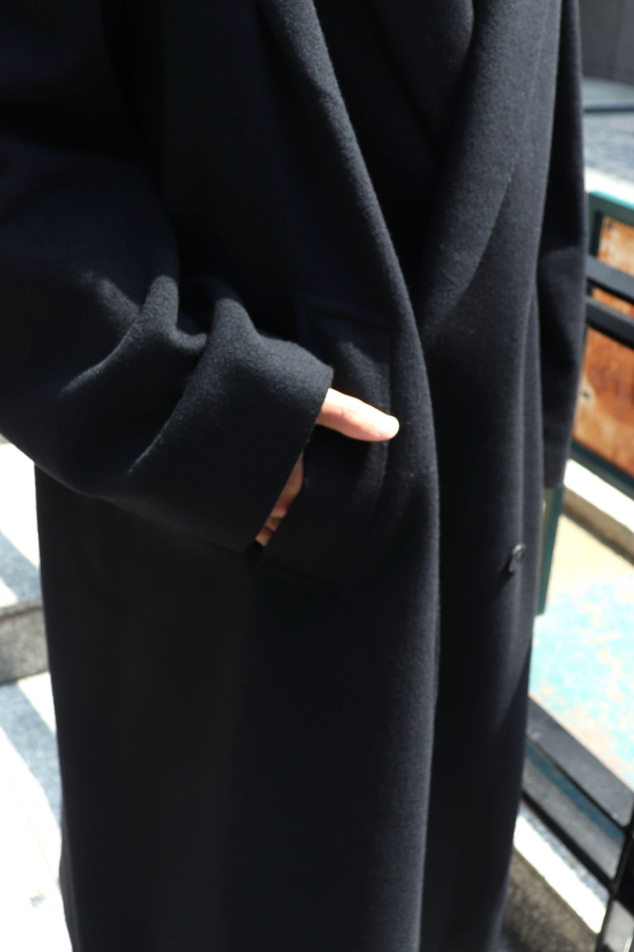 SOSHIOTSUKI  DRAPED DART WOOL CASHMERE CHESTERFIELD COAT
