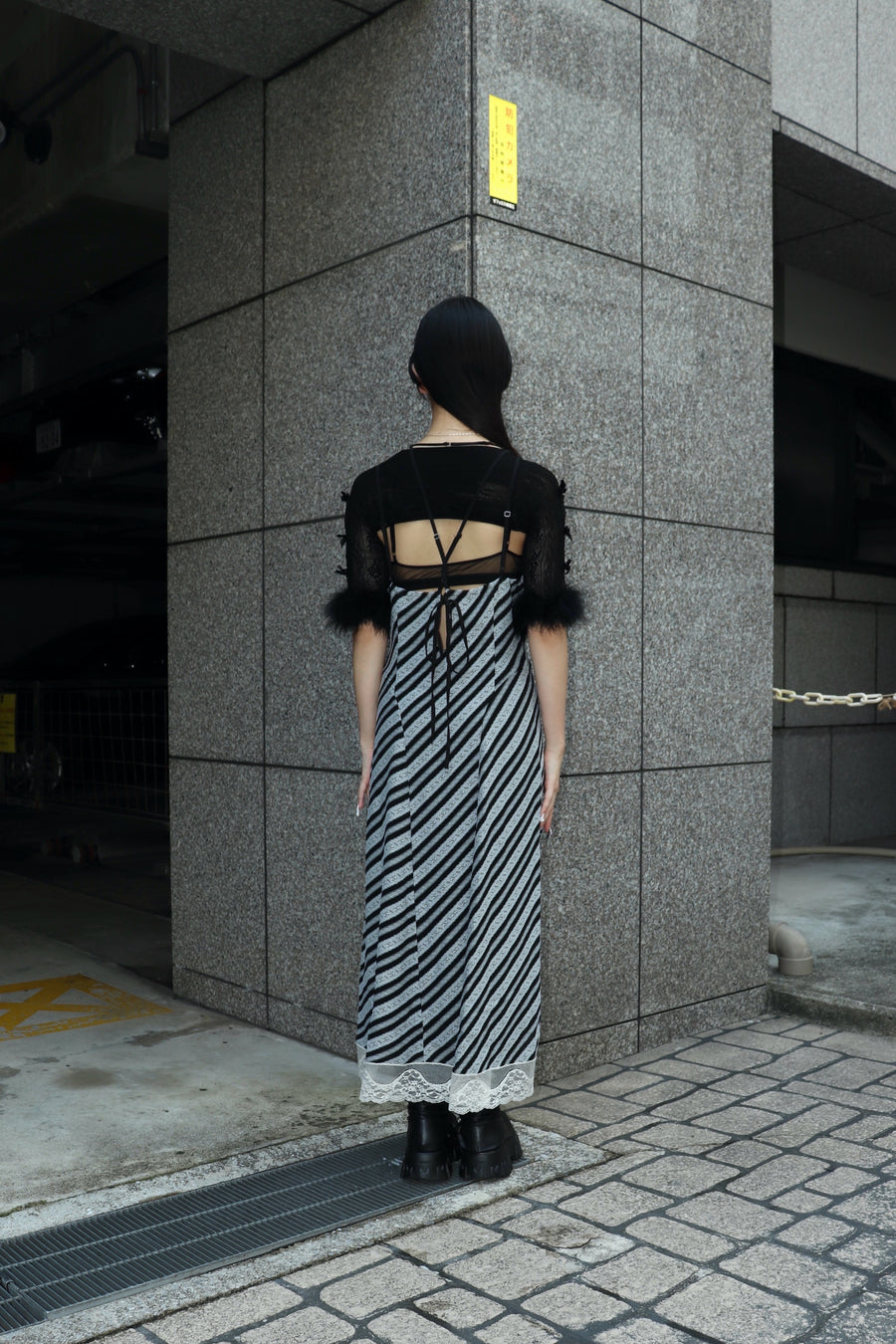 FETICO  Lace jaquard stripe slip dress