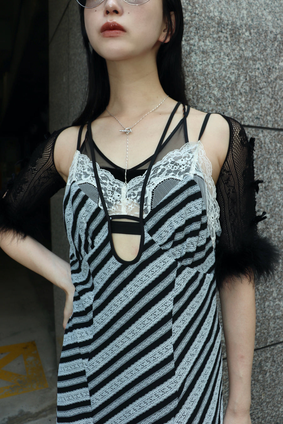 FETICO(フェティコ)のLace jaquard stripe slip dress(ドレス)の
