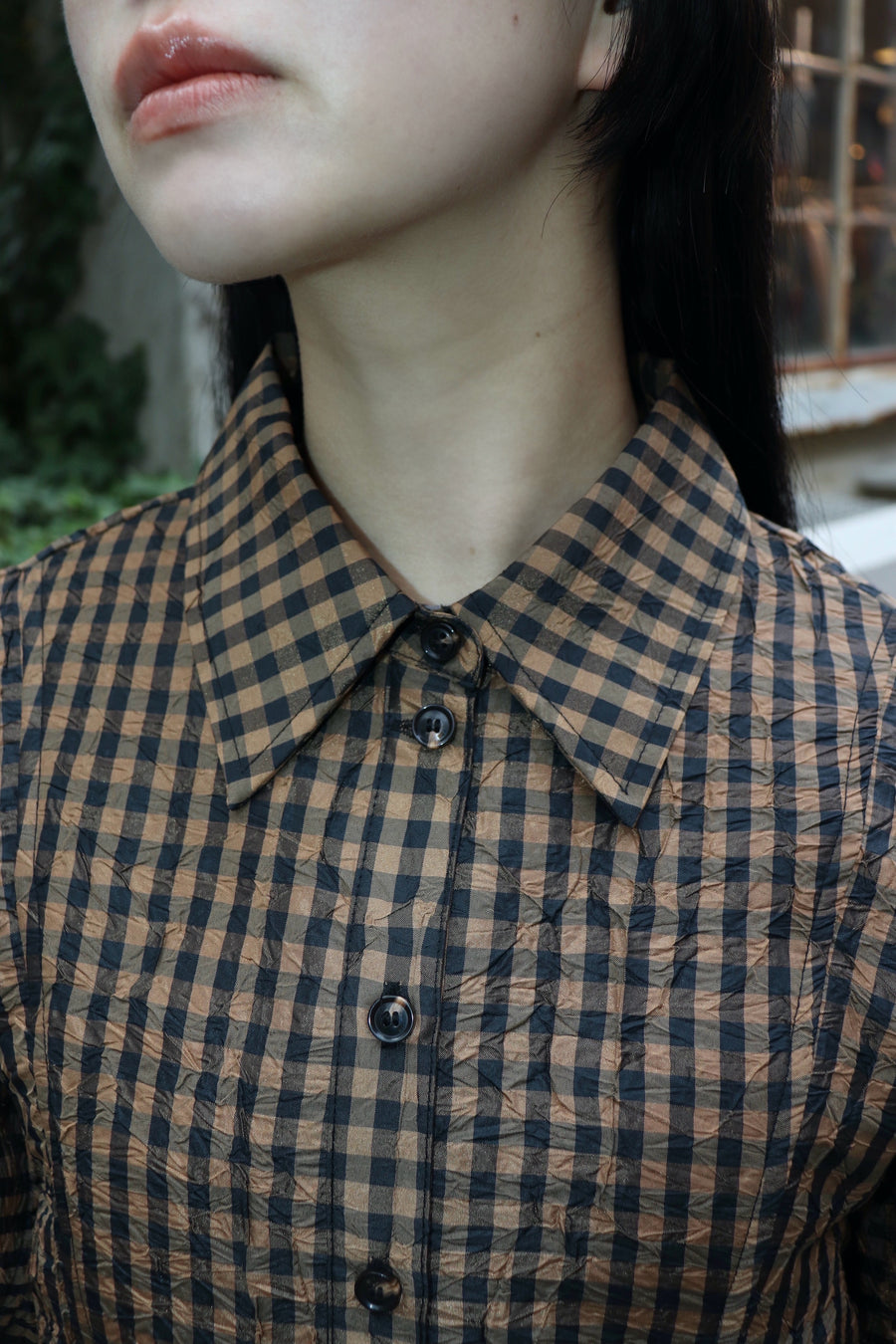 GANNI(ガニー)のCrinkled Taffeta Check Peplum Shirtの通販｜PALETTE