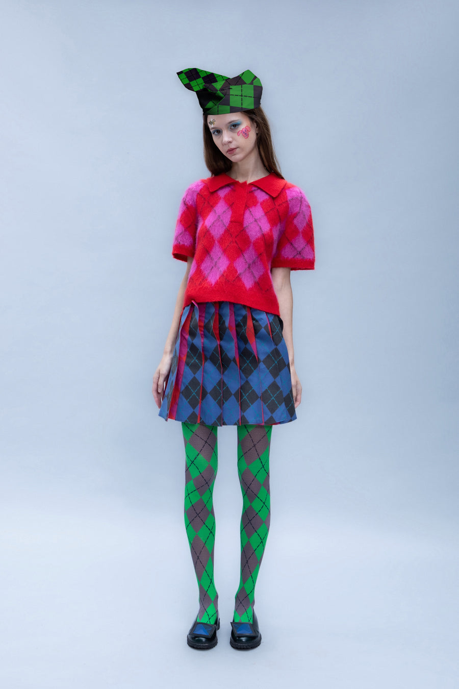 L03374)LEEANN HUANG プリーツ　ミニスカート　アーガイル　XS LEEANN HUANG(リーアン ホアン)のARGLYE FLIP PLEAT MINI SKIRT PINK