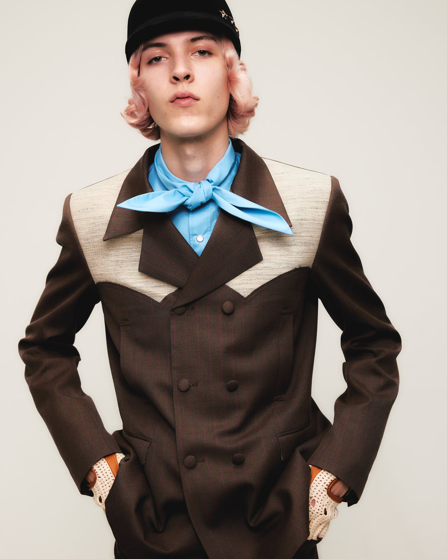 HOMMENA  Frillrd Western Double Breasted Jacket(BROWN)