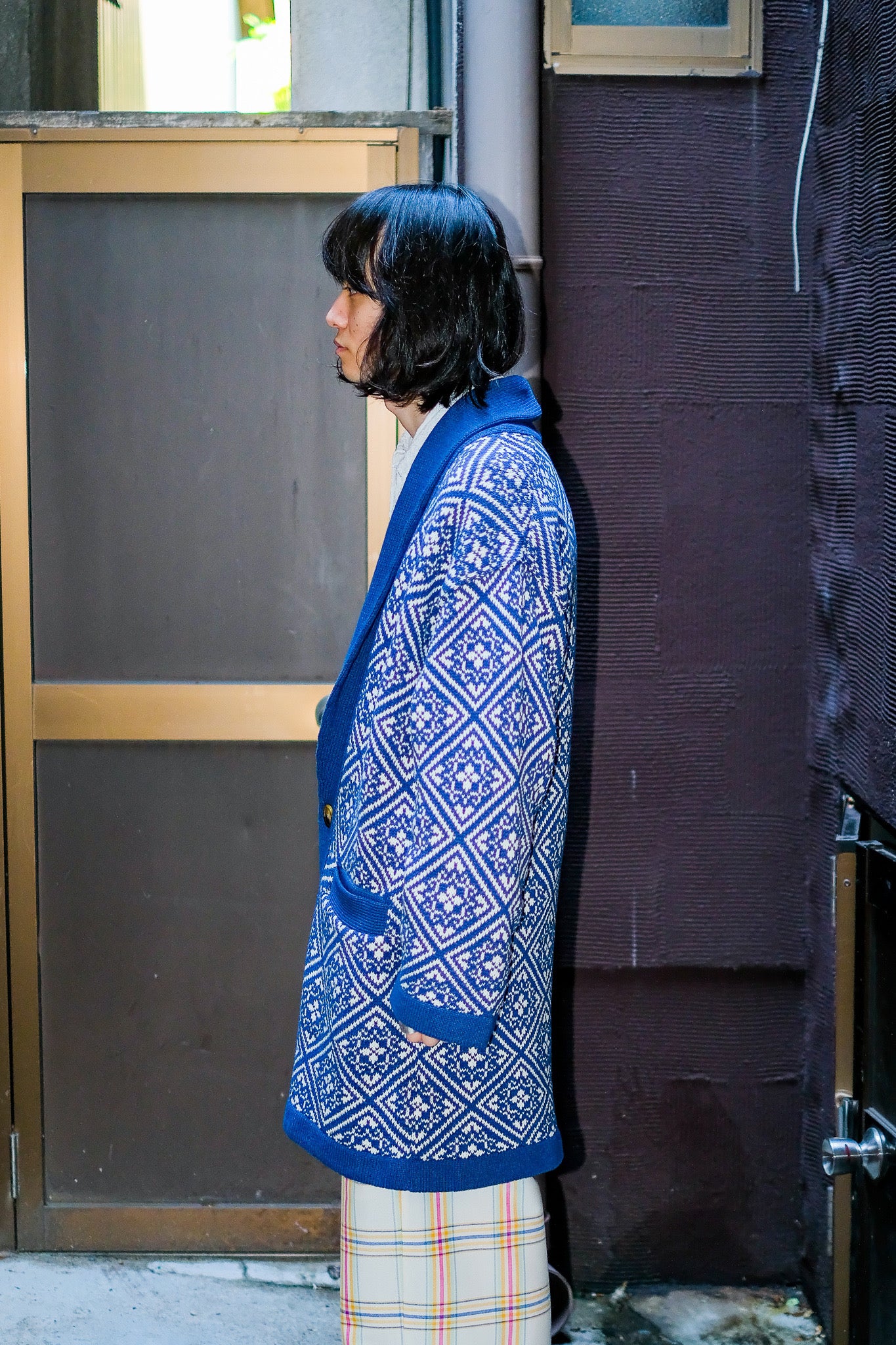 Tile Knit Gown Coat Blue Off White of TAIGA IGARI ｜ Palette Art
