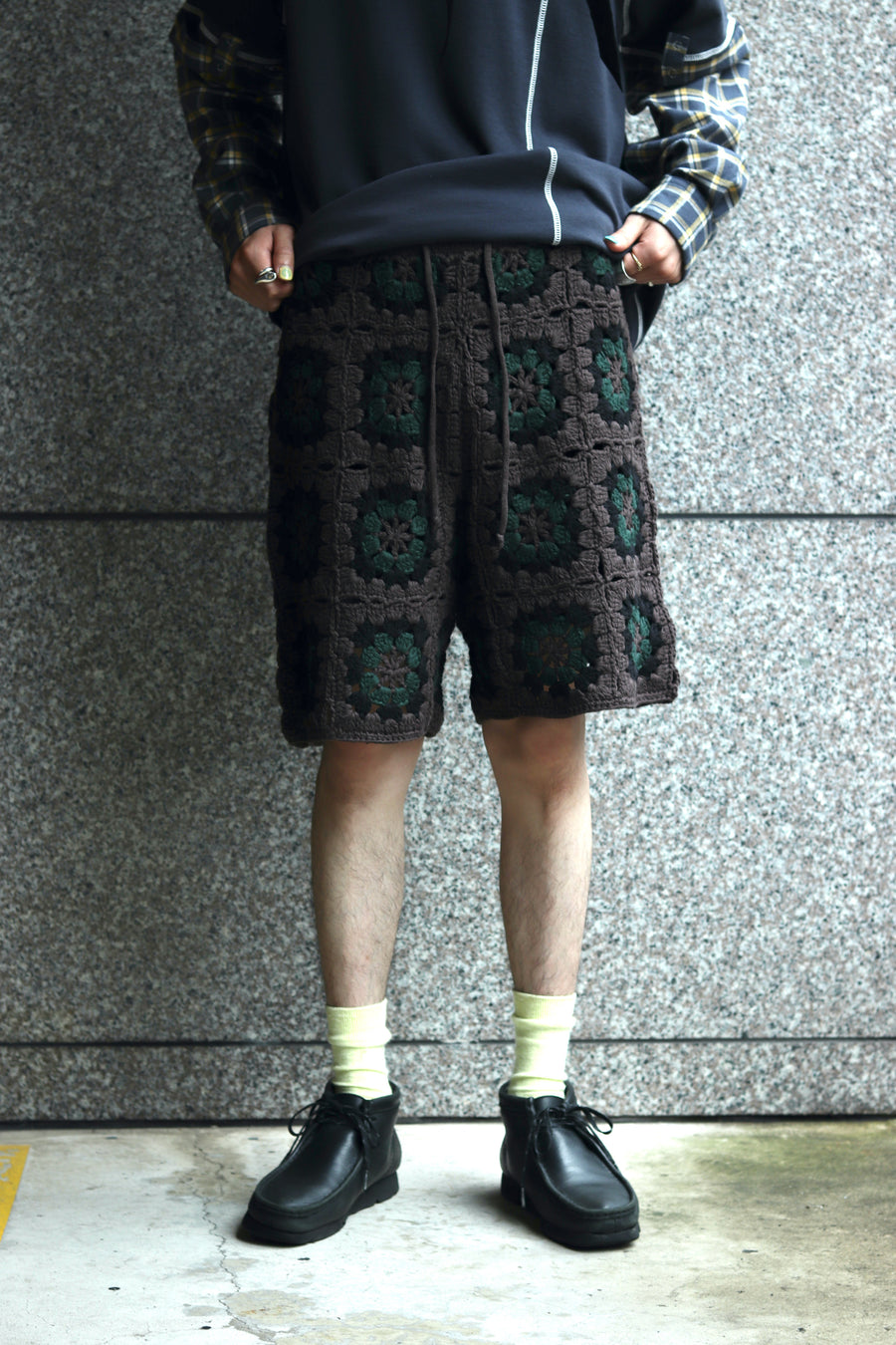 elephant TRIBAL fabrics  Crochet Knit Bermuda Shorts(GREEN BROWN)
