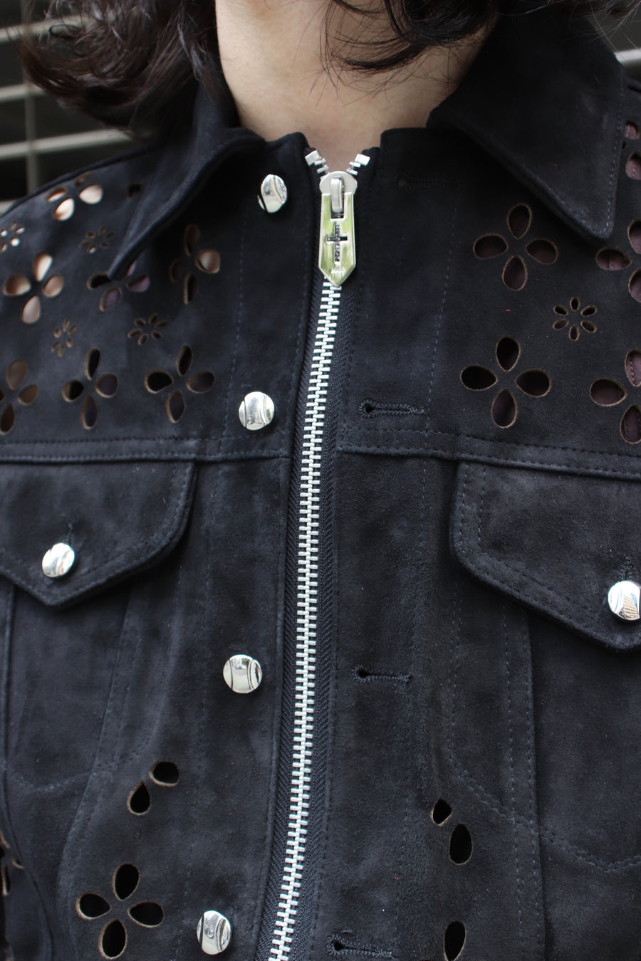 Masu's Flower-Cut Leather Trucker Jacket Black ｜ Palette Art 