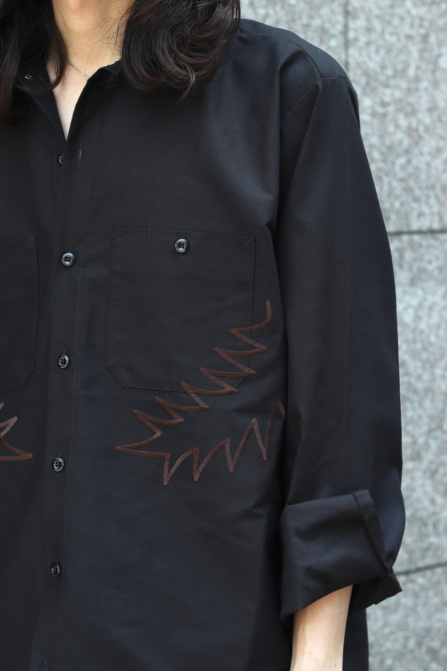 elephant TRIBAL fabrics Palm leaf embroidery work shirt（BLACK）