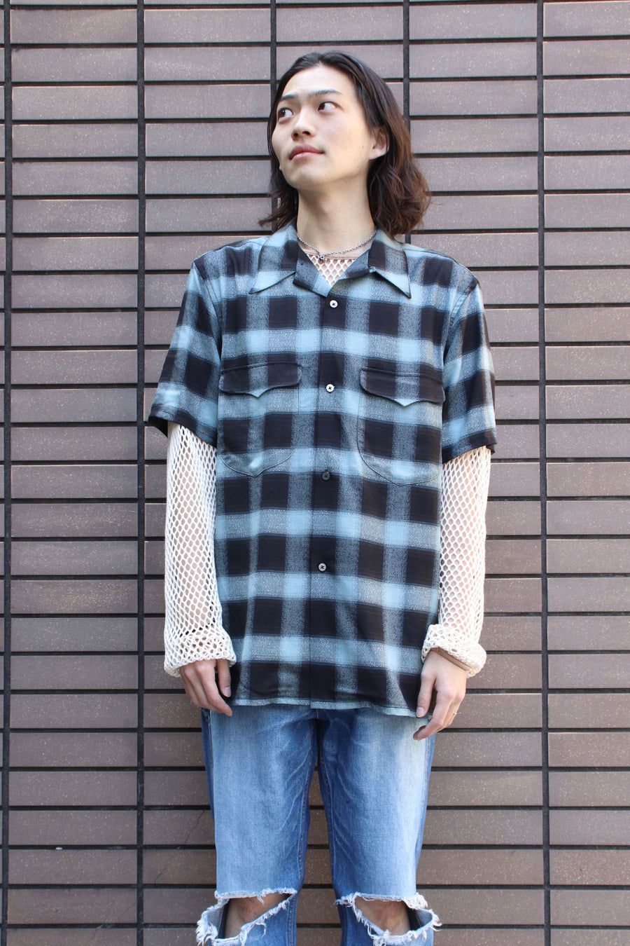 SUGARHILL  OMBRE PLAID HALF SLEEVE BLOUSE(TURQUOISE)