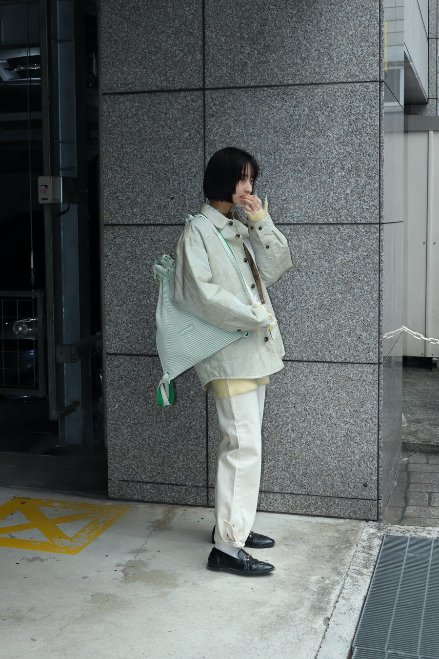 LASTFRAME  TWO TONE KNAPSACK(IVORY × GREEN)